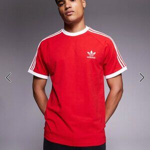 MENS UNISEX ADIDAS ORIGINALS 3 STRIPES RINGER T-SHIRT TEE IN RED MEDIUM